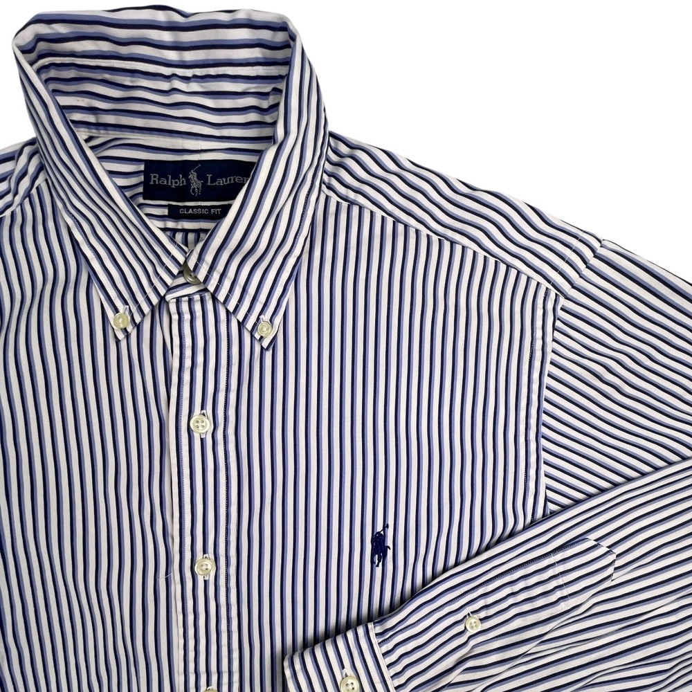 Ralph Lauren Button Down Mens 16 34/35 Blue Striped Classic Fit Long Slv Shirt